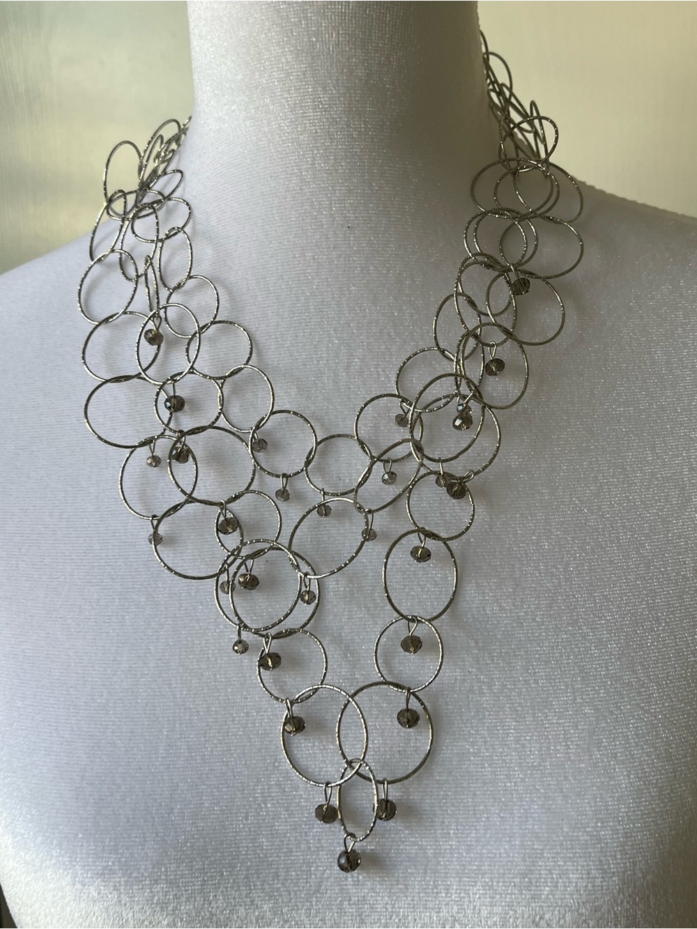 Silver rhinestone multi circle bib necklace light and fun 24”